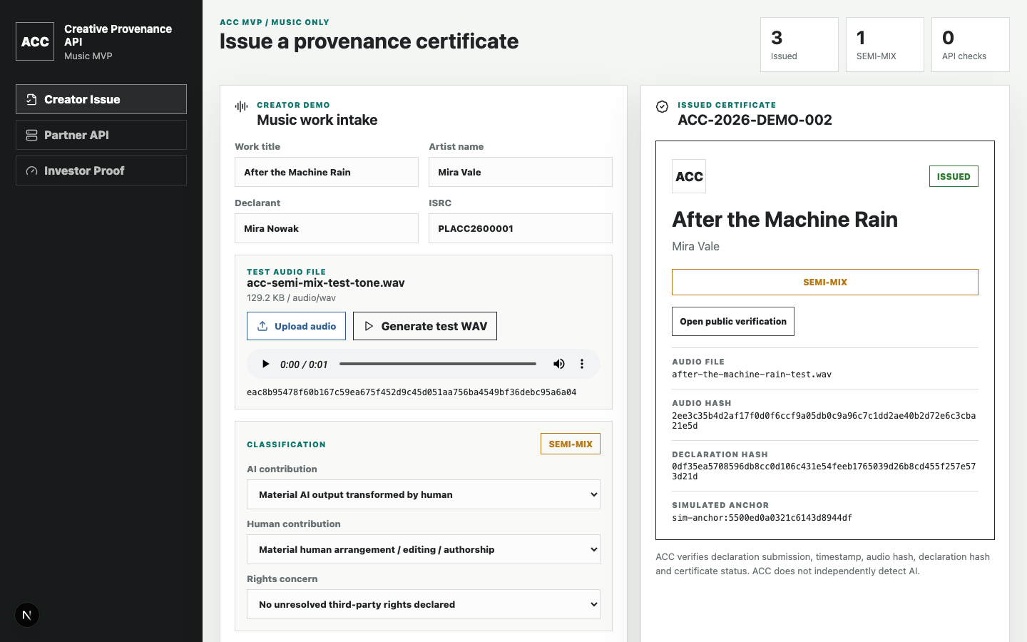 Creative Provenance API live creator certificate demo